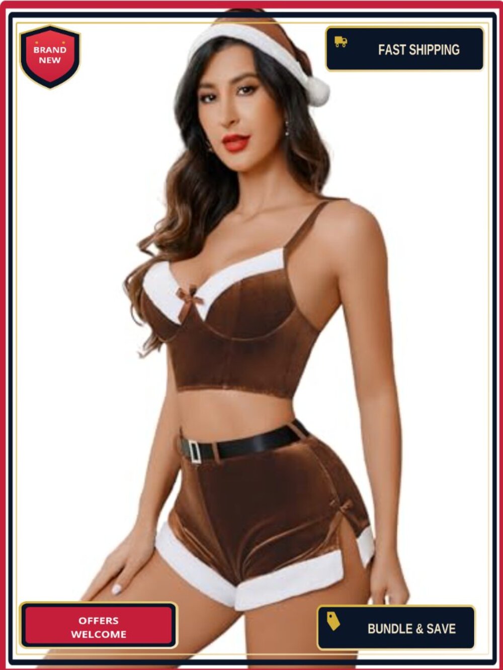 Avidlove Santa Lingerie Set Velvet Christmas Costume with Hat 2-Piece
